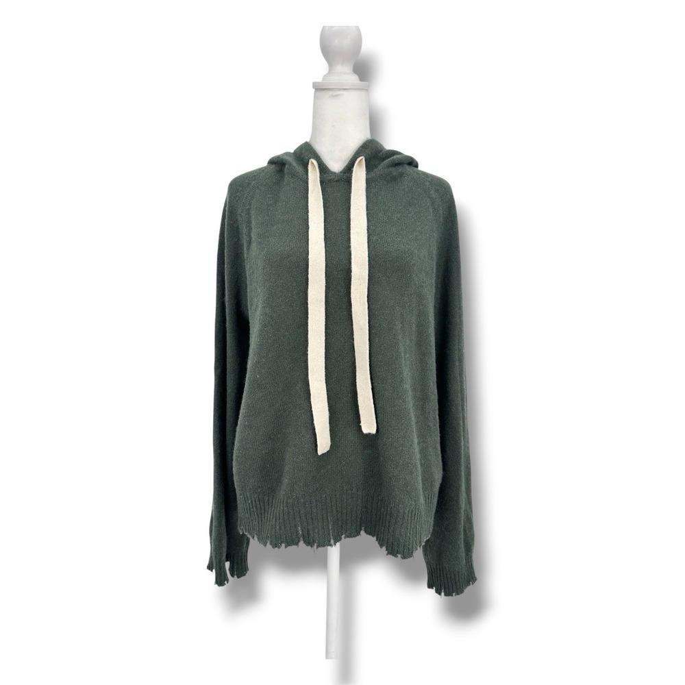 Minnie Rose 100% Cashmere Green Bell Sleeve Hoodie Sweater S Boho Distressed